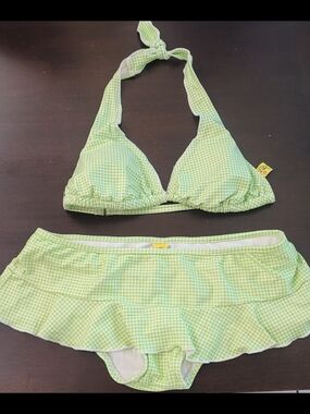 Y2K Green Gingham Halter Bikini Set with Skirt